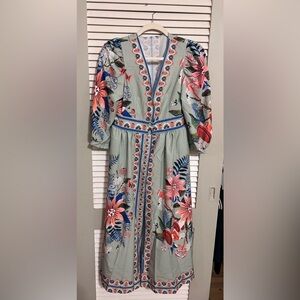 Sage green floral boutique long dress- size small